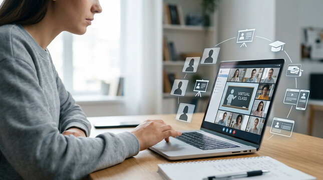 Young woman attending a virtual class on her laptop with digital education icons floating around the screen