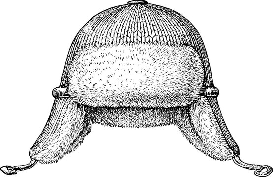 Antique engraved fur trapper hat with earflaps isolated on white background for winter fashion background, apparel label and vintage costume design