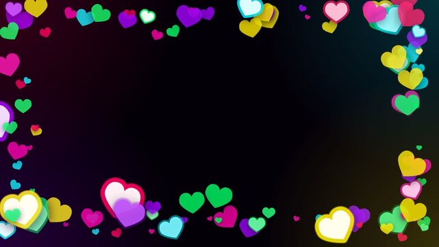 Colorful hearts forming rectangular border on dark background