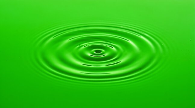 Abstract background of concentric ripples on a vibrant green liquid surface, macro shot of circular waves created by a water drop impact with bright lime color and smooth texture.
