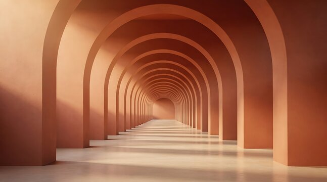 Modern minimalist architectural corridor featuring repeating terracotta arches with soft natural sunlight and shadows creating a deep perspective and a sense of calm serenity.