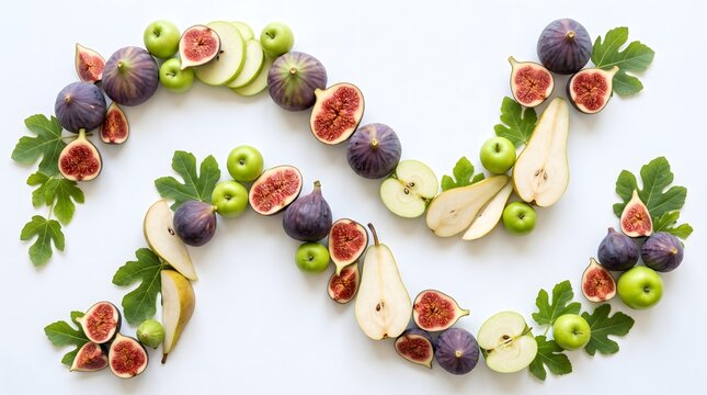 Decorative sinuous garland made of fresh figs green apples and pear slices on a white background