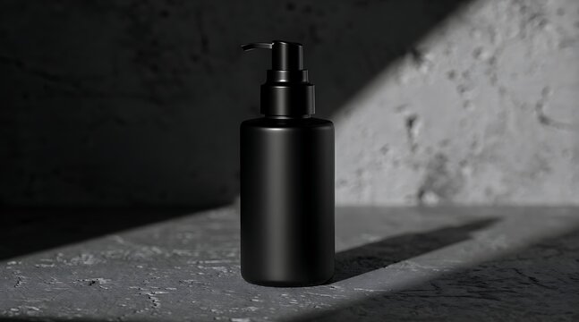 Minimalist matte black cosmetic pump bottle on textured concrete surface with dramatic light and shadow, ideal for organic skincare, eco-friendly liquid soap, or luxury beauty product mockup.