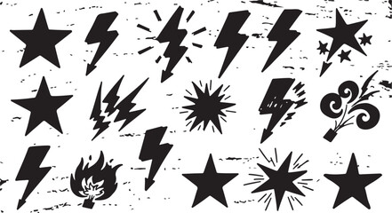 Fototapeta premium A collection of retro black lightning bolts, explosive sparks, and star vector icons on a textured white background. 
