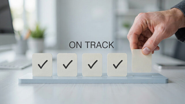 Hand placing a blank wooden block on a row of checked boxes, representing progress, goal achievement, and staying on track