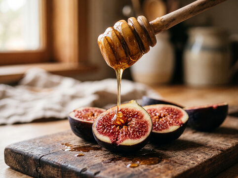 Honey Dripping From Wooden Dipper Onto Sliced Ripe Figs