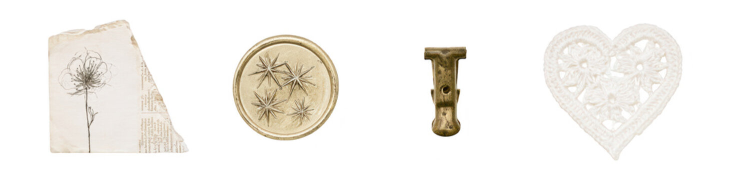 Vintage-style craft items collection featuring lace heart, antique key, coin, and aged paper with floral design