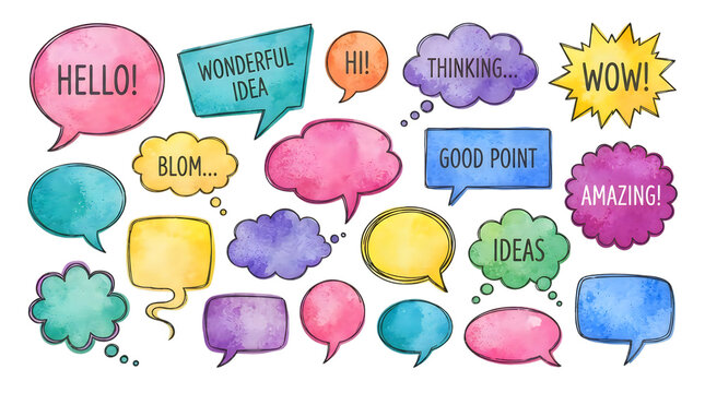Collection of colorful watercolor speech bubbles with text on white background