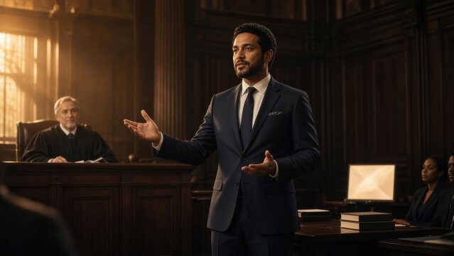 Confident Male Lawyer Presenting Case in Courtroom Trial