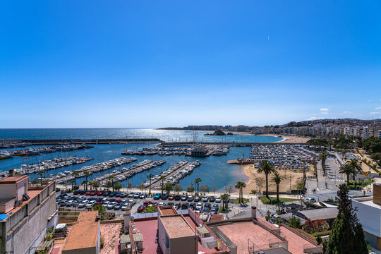 Aerial view of Blanes beach,  bay and cityscape from the mountain Sant Joan in summer on sunny day, Selva, Girona Catalonia, Spain