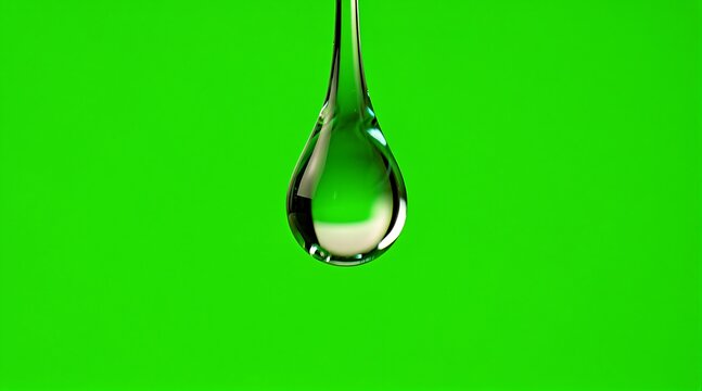 Single Crystal Clear Water Droplet Falling Against a Vibrant Green Screen Background for Chroma Key Compositing, High Definition Liquid Drip Symbolizing Purity, Freshness, and Natural Life.