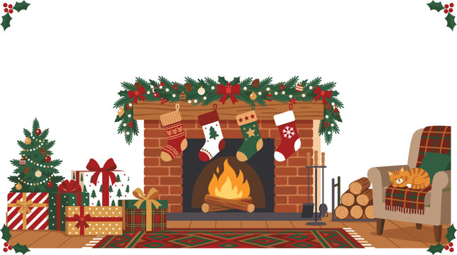 Cozy christmas fireplace scene with stockings, decorated tree, wrapped gifts, and a sleeping cat on an armchair, festive holiday home interior illustration