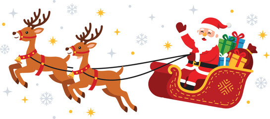 Obraz premium Santa claus riding a sleigh pulled by two reindeer with christmas gifts, festive holiday illustration