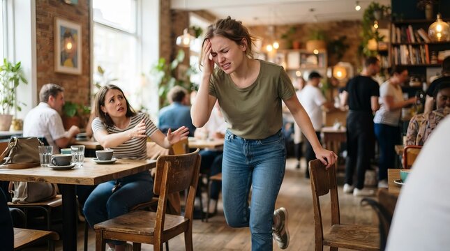 A distressed young woman standing in a crowded restaurant feeling physical pain or a headache