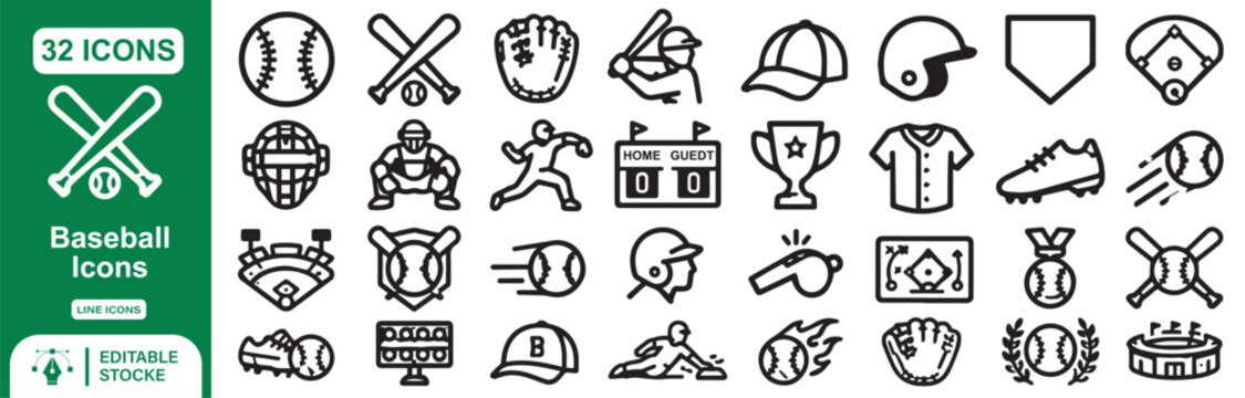 32 Baseball Vector Outline Icons Set &ndash; Baseball, Bat, Glove, Helmet, Catcher, Stadium and Sports Line Symbols Collection