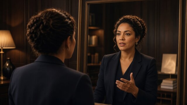 Confident Businesswoman Talking to Mirror Reflection