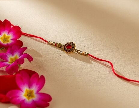 Traditional Rakhi Bracelet On Red Thread With Pink Flowers For Raksha Bandhan Celebration