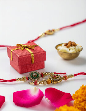 Traditional Rakhi With Gift Box, Sweets and Flower Petals for Raksha Bandhan Celebration