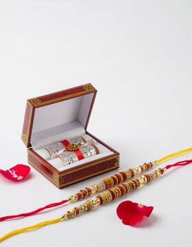 Traditional Rakhi Bracelets in Decorative Gift Box for Raksha Bandhan Celebration With Rose Petals