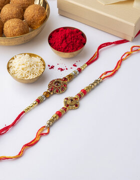 Traditional Rakhi With Rice, Kumkum, Sweets and Gift Box for Raksha Bandhan Celebration