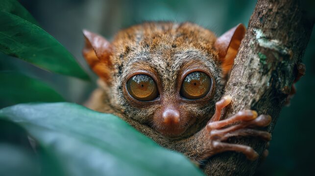 Tiny tarsier primate with large amber eyes gripping tree branch amidst lush green foliage with soft lighting