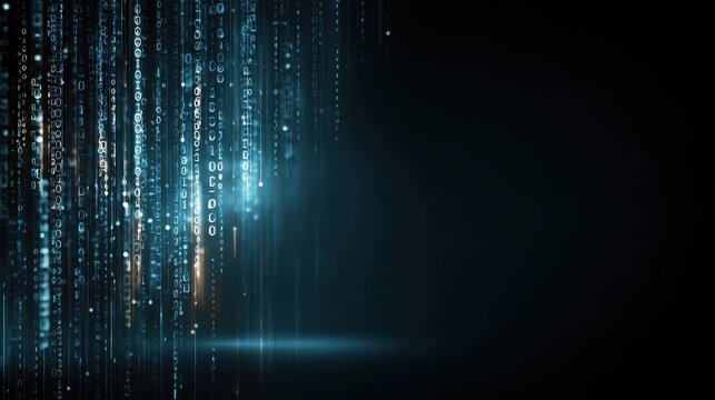 Digital data streams falling in darkness with blue and gold light accents conceptualizing information flow and technology
