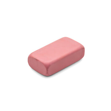 A single rectangular pink rubber eraser for school or office use, isolated on a white background, showing a smooth texture and rounded edges