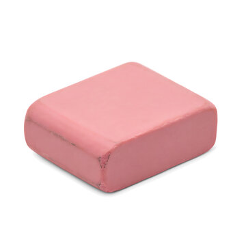 A single rectangular pink rubber eraser for school or office use, isolated on a white background, showing a smooth texture and rounded edges
