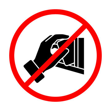 No touch hand sign features black silhouette inside red prohibition circle designed for security restricted areas public information safety signage warning icon.