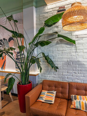Obraz premium Stylish Modern Cafe Interior Corner with Large Strelitzia Plant and Leather Sofa