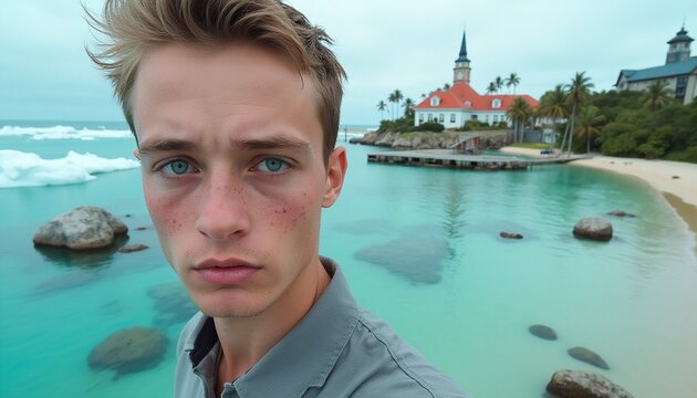 Young Man Self-Portrait on Tropical Beach with Coastal Architecture and Lighthouse
