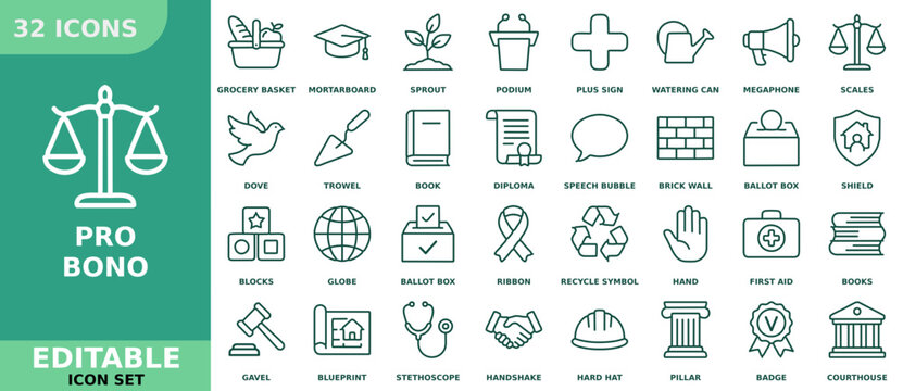 Pro bono legal services and law practice outline icons set, vector illustration of justice, legal advice, and community support symbols for professional design