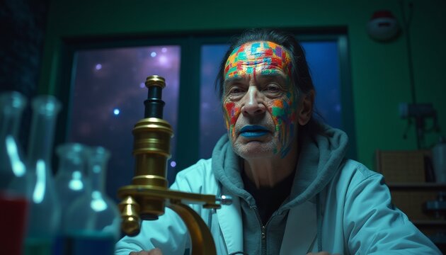 Scientist with Colorful Face Paint in Laboratory Setting