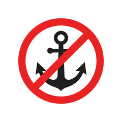 Prohibition sign with anchor in red circle used to restrict mooring or anchoring of boats in aquatic areas where underwater infrastructure safety is required. © Ahsan