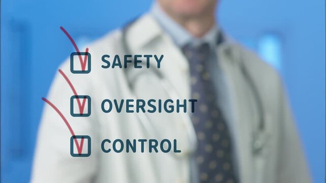 Doctor checking a digital checklist for safety, oversight, and control, representing important considerations for artificial intelligence implementation in medicine and healthcare