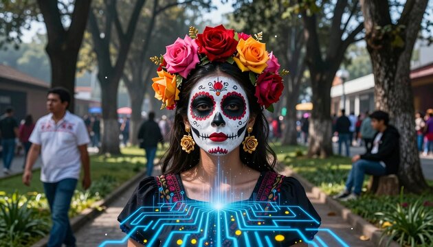 Dia de los Muertos Celebration with Digital Circuitry in Park
