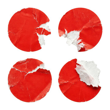 Set of four damaged red round paper stickers isolated on transparent background