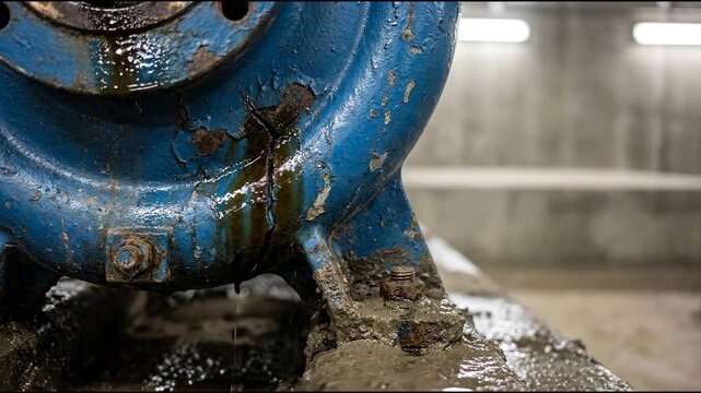 Centrifugal pump volute leaking dark fluid through a visible crack across the painted blue cast iron casing