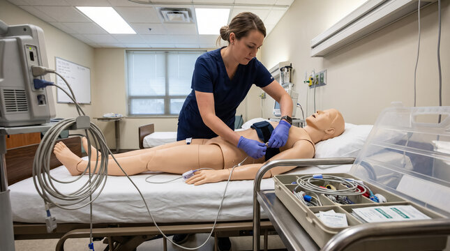 Medical technician practicing sleep study setup with sensors on training mannequin in clinical lab. Concept of chest belts, leg sensors, polysomnography, clinical simulation, hospital bed.