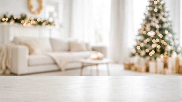 Christmas living room with a decorated tree, wrapped gift, and glowing lights. Bright interior with copy space. Festive home setting for holiday advertising