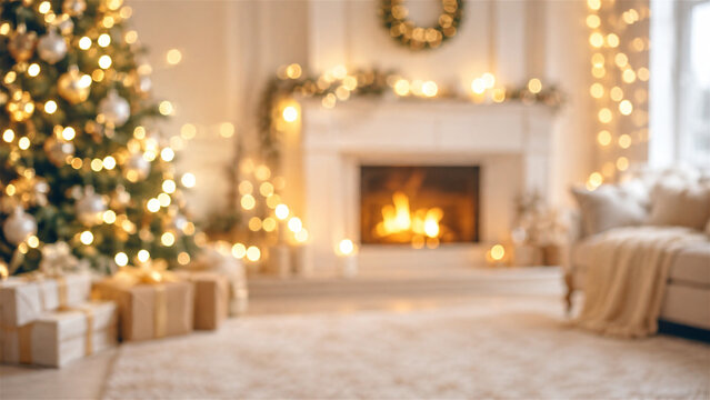 blurred decorated Christmas living room with glowing tree, wrapped gift, and lit fireplace. Soft bokeh lights create a cozy holiday interior. Festive seasonal background