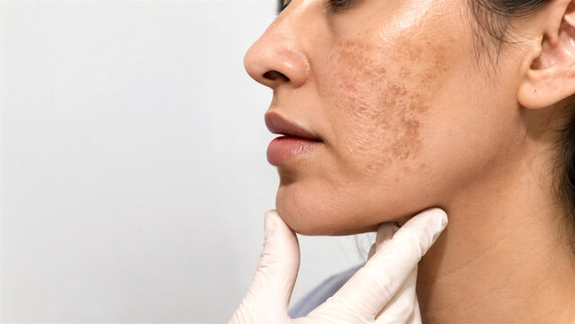 woman has cheek discoloration examined by a gloved dermatologist. Side profile highlights acne scarring and skin texture. Dermatology concept for skincare education