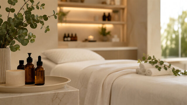 spa bedroom displays a made bed, rolled towels, plant, and amber bottles. Warm light creates a calm retreat. Concept for wellness, self care, and hospitality