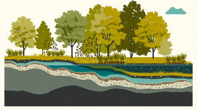 雨庭の地層断面を描いたフラットな図解イラスト 雨水浸透の仕組み