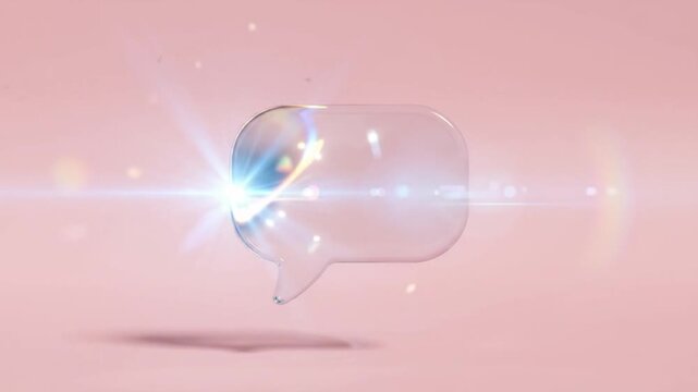 3D Glass Speech Bubble Pop-Up Animation with Lens Flare Refraction on Pink Background