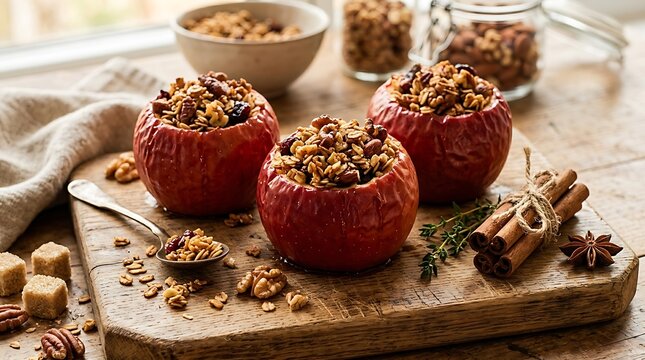 Baked apples stuffed with granola, nuts, and dried cranberries on a rustic wooden board with cinnamon sticks and brown sugar cubes