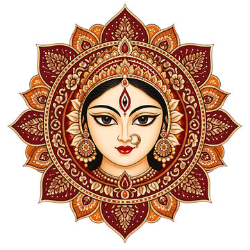 Traditional goddess face mandala with maroon floral patterns devotional illustration durga puja and diwali and isolated on a transparent background