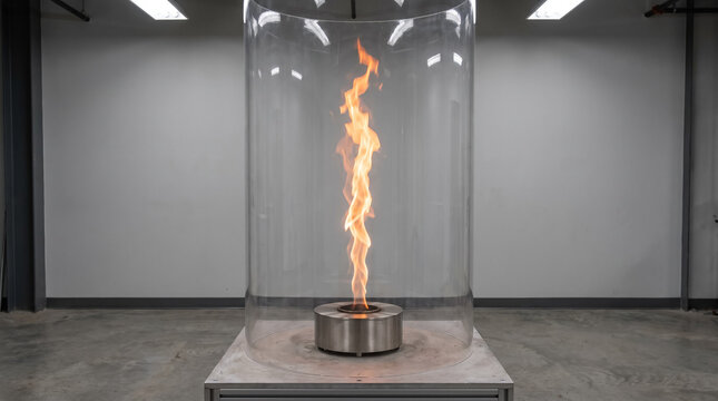 Controlled Fire Flame Vortex Inside Glass Cylinder Burner in Laboratory. Concept of combustion, fire tornado, fire swirl, bioethanol fireplace, flame test, laboratory experiment, science physics.