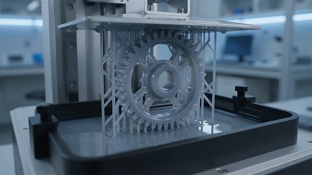 3d Printers Creating Intricate Gear Structures with Blue Light, Demonstrating Additive Manufacturing and Technological Innovation.
