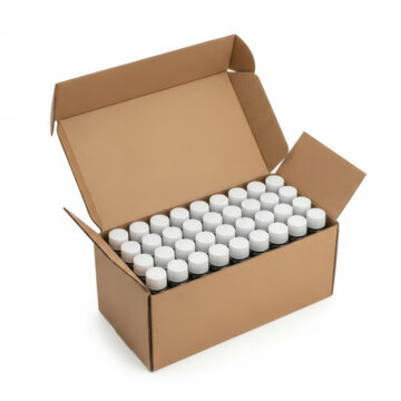 Open cardboard box packed with rows of small gray plastic bottles